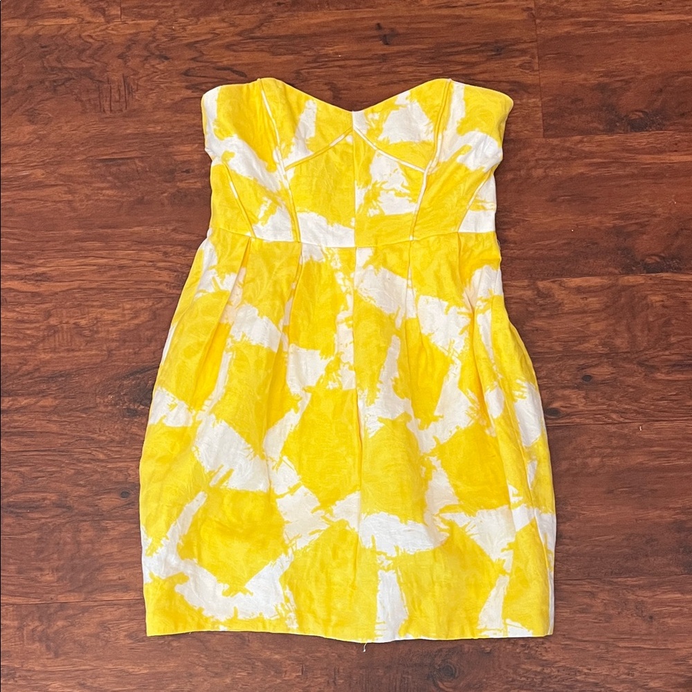 Shoshanna Strapless Yellow & White Abstract Print Dress